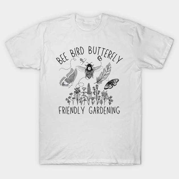 Bee Bird Butterfly Friendly Gardening Line Drawing Design T-Shirt by Earthwearableart